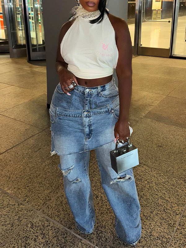 Double-Waist Ripped Jeans