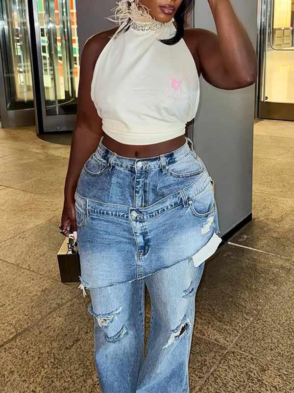 Double-Waist Ripped Jeans