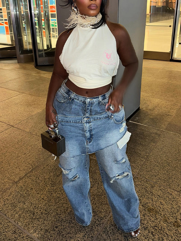 Double-Waist Ripped Jeans