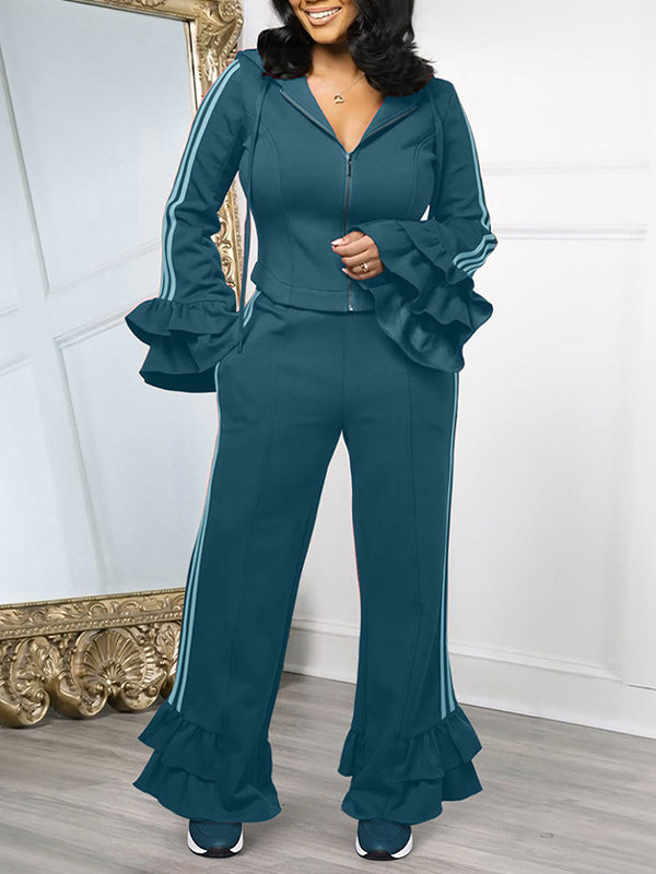 Side-Stripe Ruffled-Sleeve 2PC Set