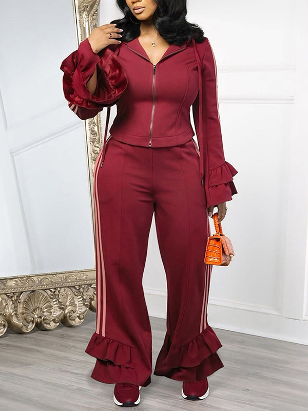 Side-Stripe Ruffled-Sleeve 2PC Set