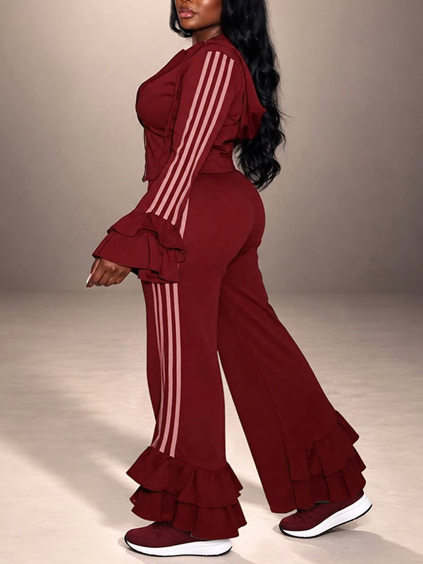 Side-Stripe Ruffled-Sleeve 2PC Set