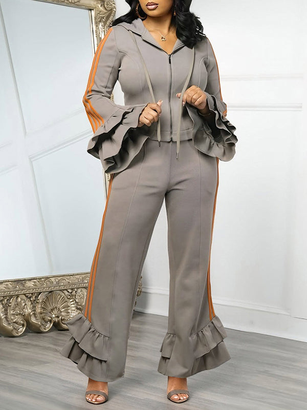 Side-Stripe Ruffled-Sleeve 2PC Set