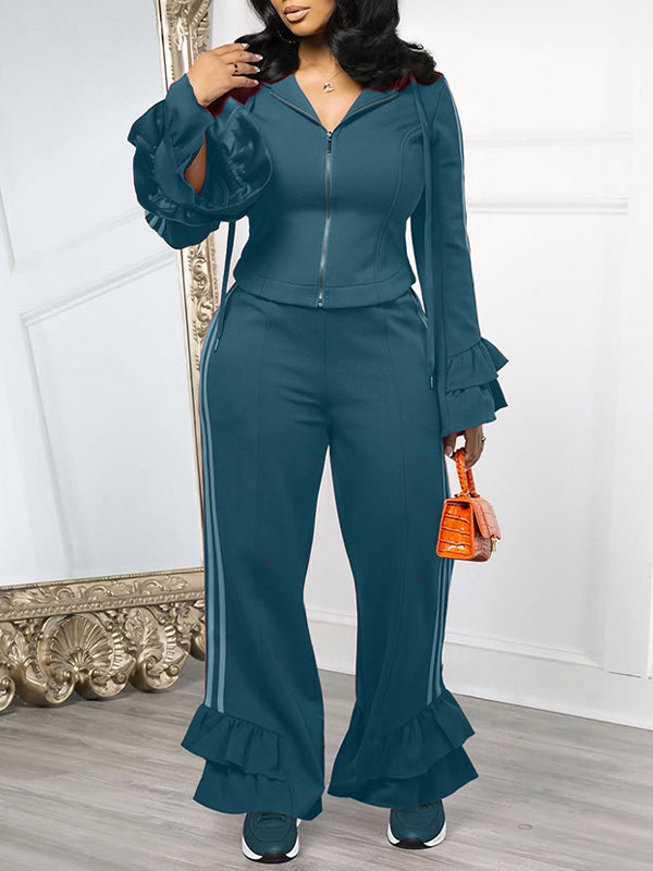 Side-Stripe Ruffled-Sleeve 2PC Set