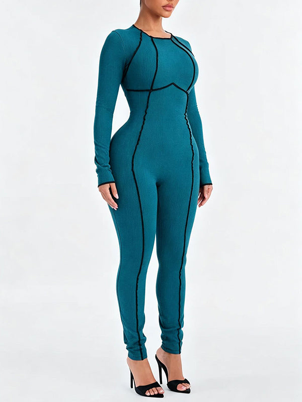 Contrast-Piping Ribbed Jumpsuit