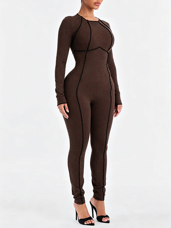 Contrast-Piping Ribbed Jumpsuit