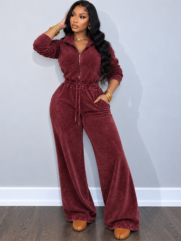 Wash Zip-Front Drawstring Jumpsuit