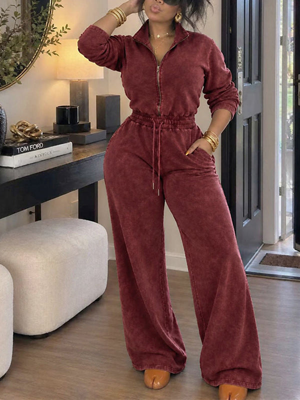 Wash Zip-Front Drawstring Jumpsuit