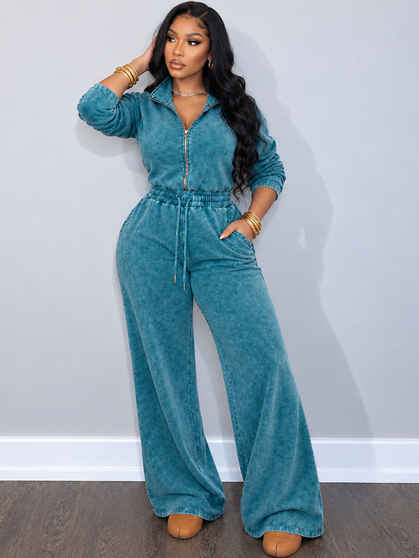 Wash Zip-Front Drawstring Jumpsuit