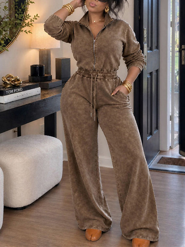 Wash Zip-Front Drawstring Jumpsuit