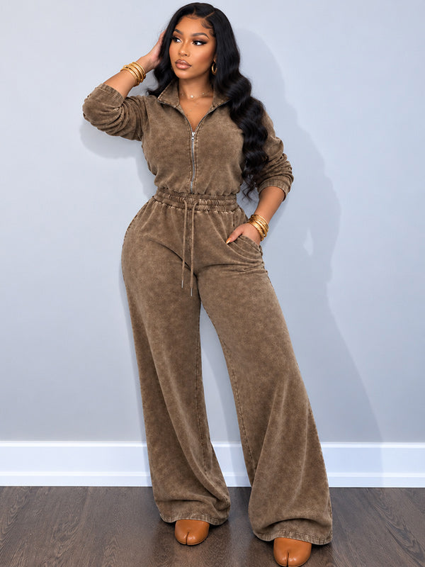 Wash Zip-Front Drawstring Jumpsuit