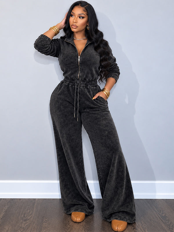 Wash Zip-Front Drawstring Jumpsuit