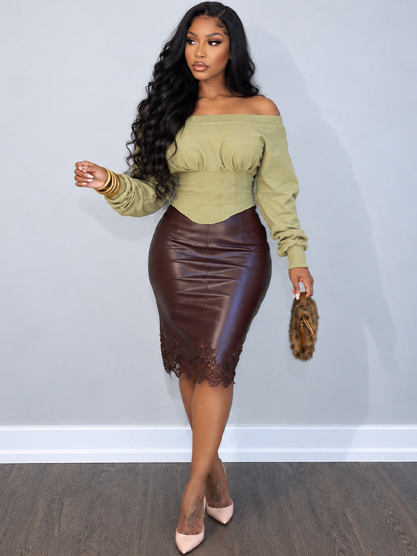 Lace-Combo Faux-Leather Skirt