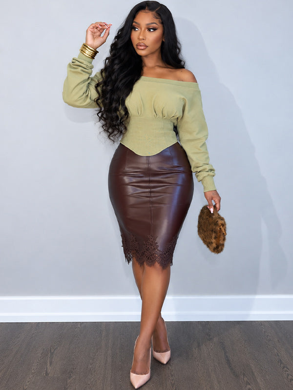 Lace-Combo Faux-Leather Skirt