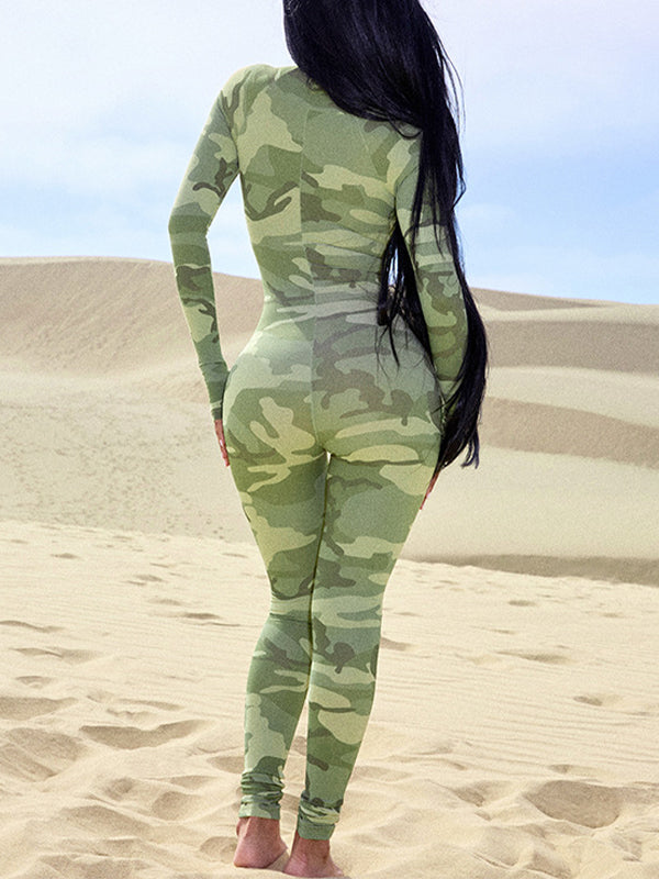 Camo Zip-Front Skinny Jumpsuit
