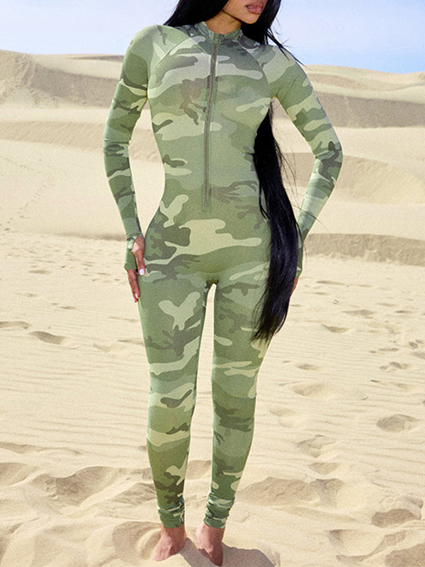 Camo Zip-Front Skinny Jumpsuit