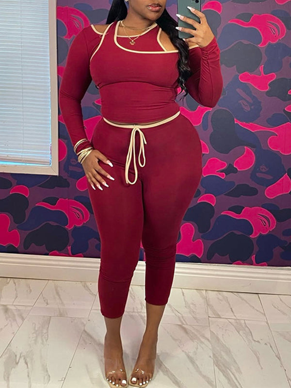 Contrast Cold-Shoulder Top & Capri Pants Set