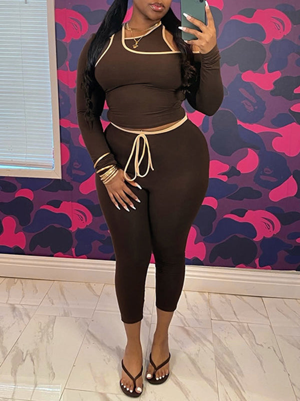 Contrast Cold-Shoulder Top & Capri Pants Set