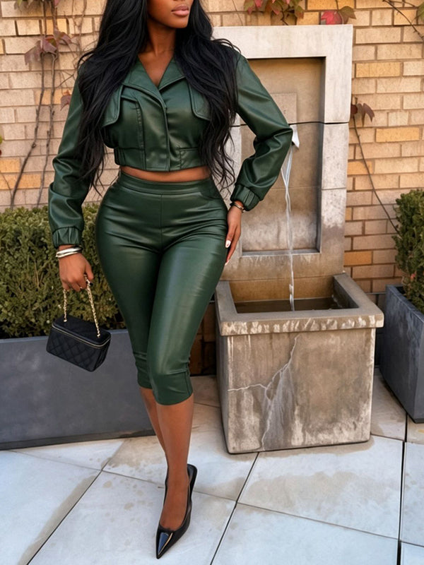 Faux-Leather Jacket & Capri Pants Set