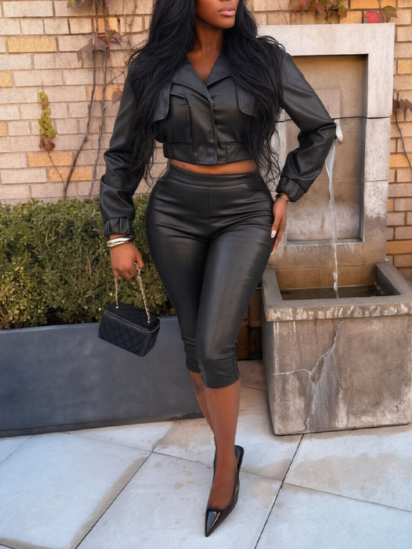 Faux-Leather Jacket & Capri Pants Set