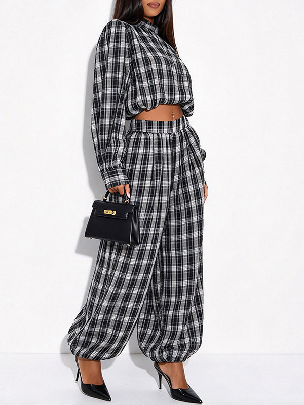 Plaid Mock-Neck Top & Jogger Pants Set