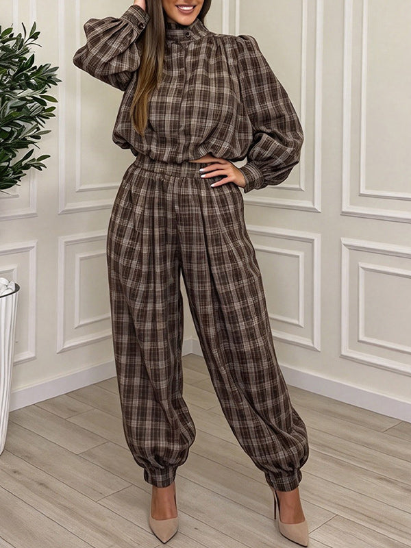 Plaid Mock-Neck Top & Jogger Pants Set
