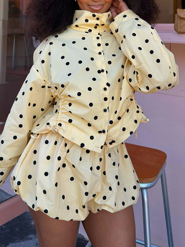 Polka Dot Drawstring Jacket & Bubble Shorts Set