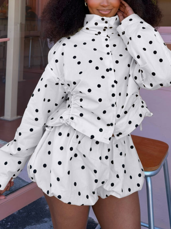 Polka Dot Drawstring Jacket & Bubble Shorts Set