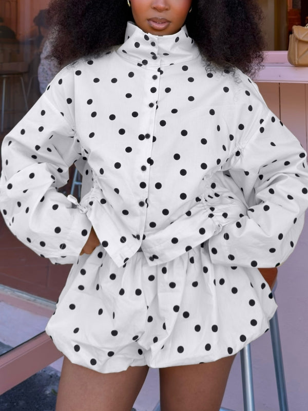 Polka Dot Drawstring Jacket & Bubble Shorts Set