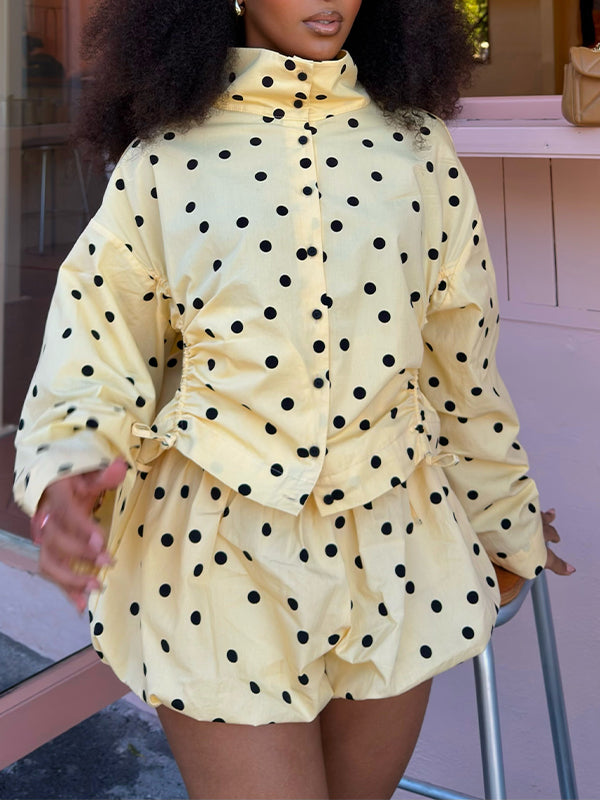 Polka Dot Drawstring Jacket & Bubble Shorts Set