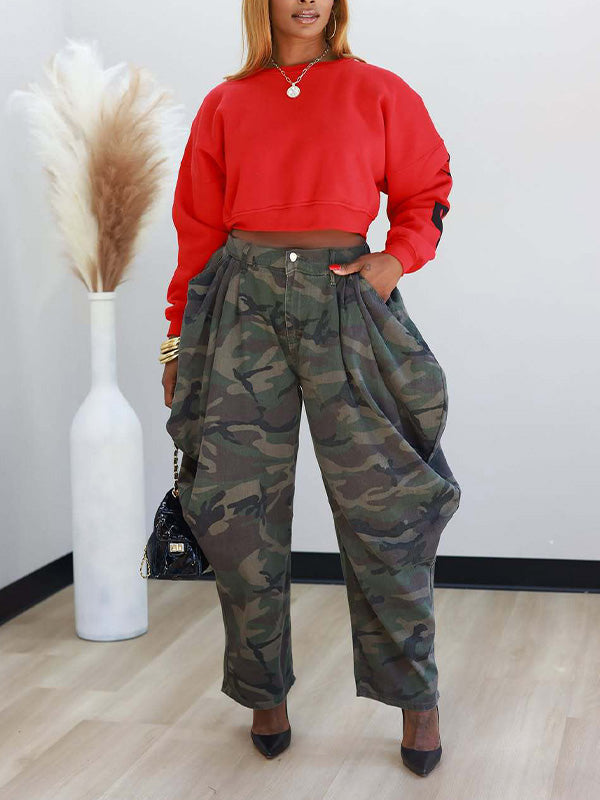 Camo Print Draped Barrel Leg Pants