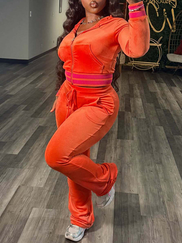 Colorblock Velvet Zip-Front Hoodie & Pants Set