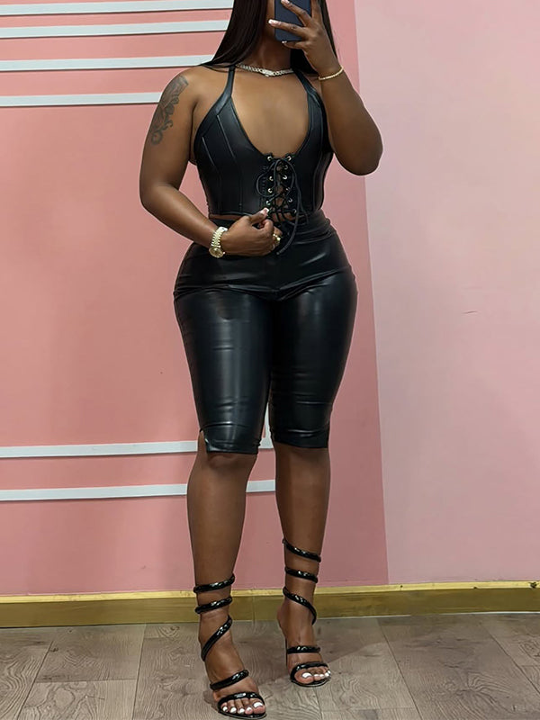 Faux-Leather Halter Top & Shorts Set