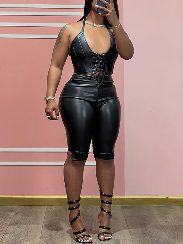 Faux-Leather Halter Top & Shorts Set