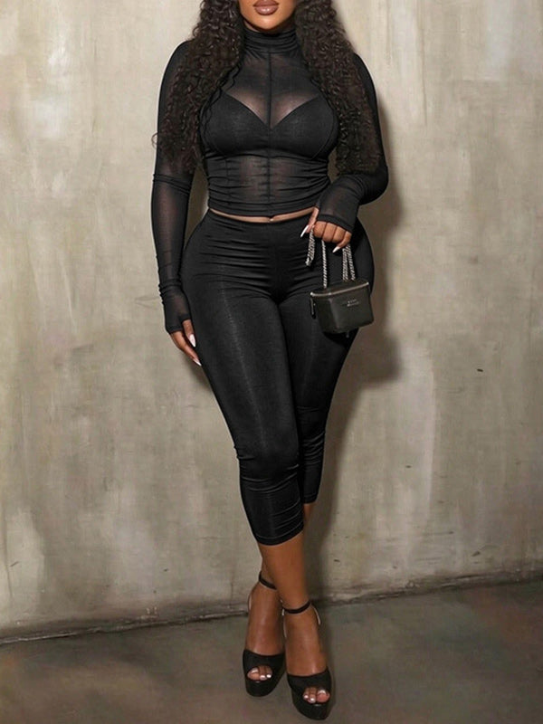 Sheer Mock-Neck Top & Capri Pants Set