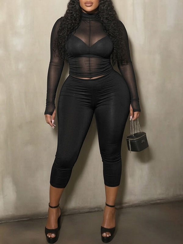 Sheer Mock-Neck Top & Capri Pants Set