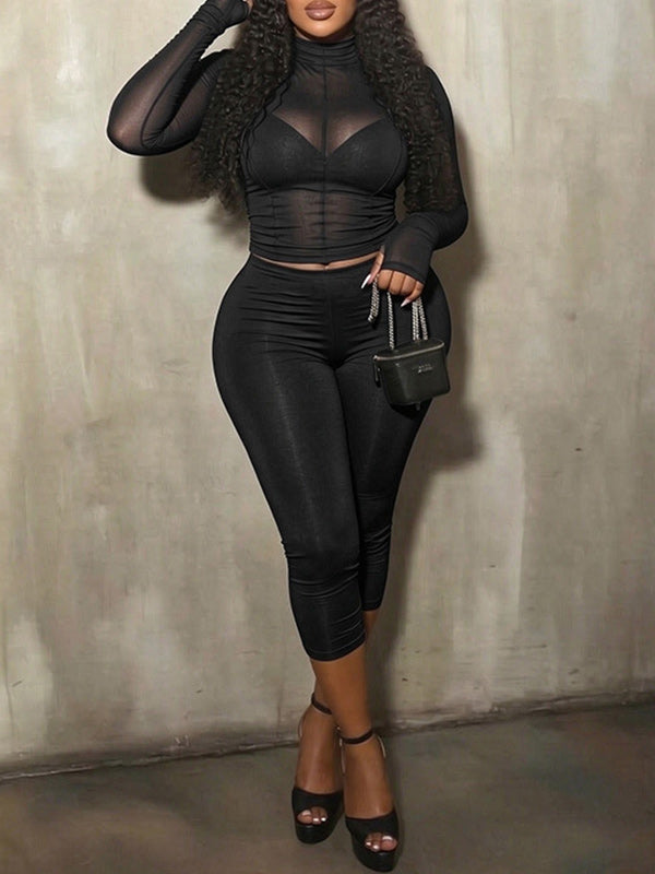 Sheer Mock-Neck Top & Capri Pants Set