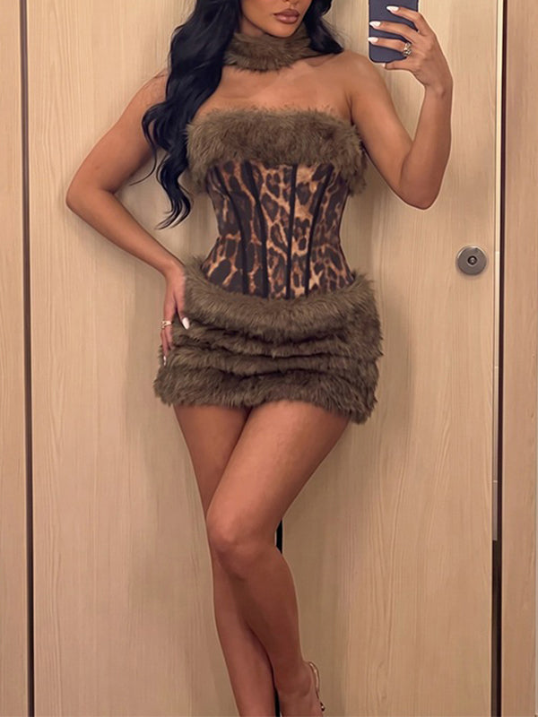 Faux-Fur Combo Leopard Dress