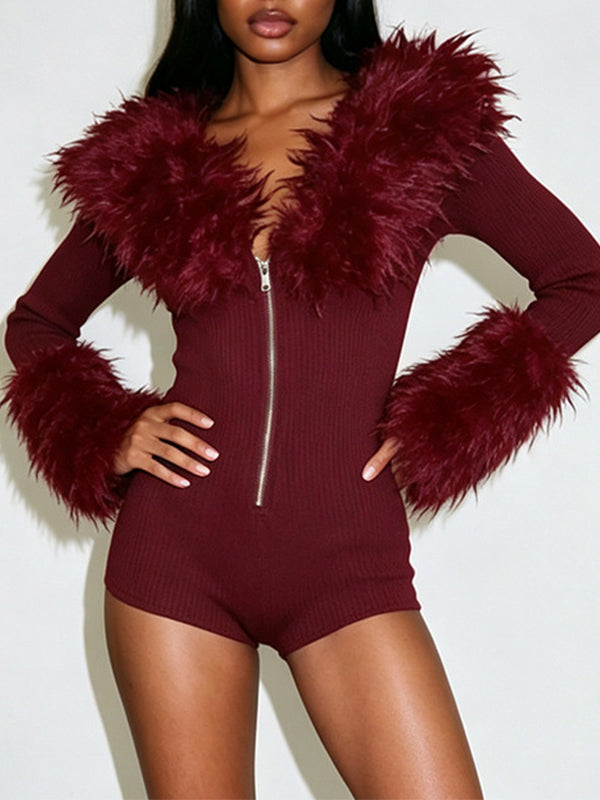 Faux-Fur Combo Zip-Front Romper