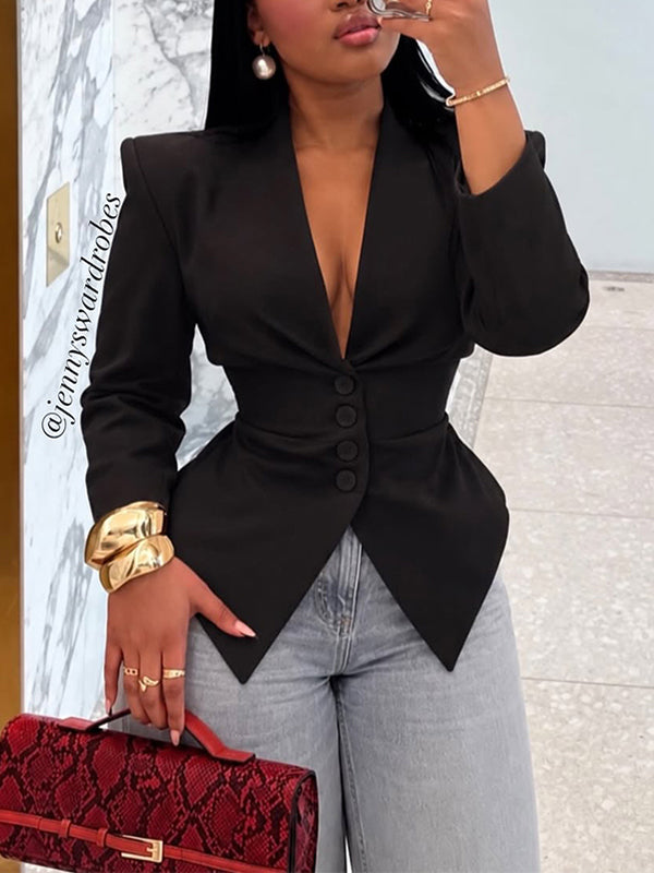 V-Neck Button-Front Tailored Blazer