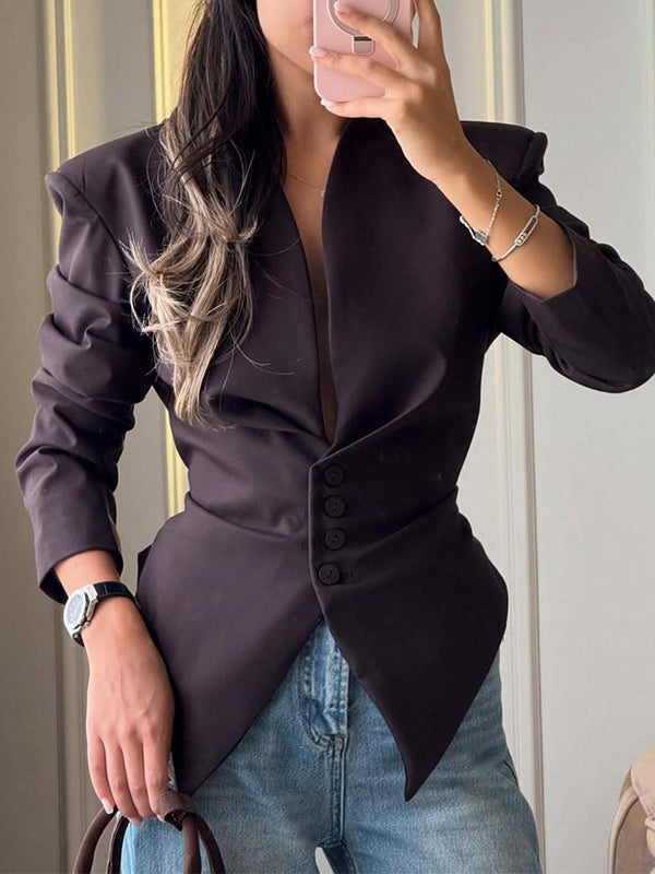 V-Neck Button-Front Tailored Blazer