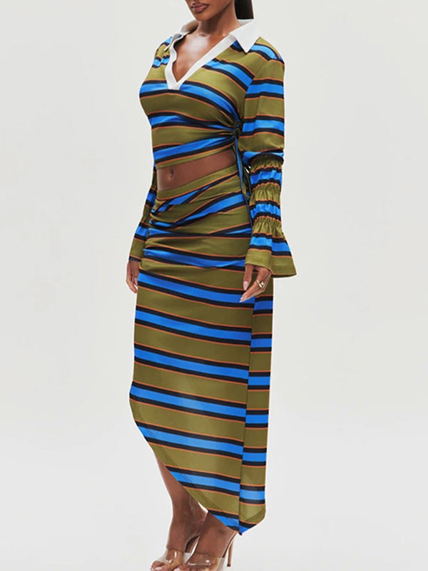 Stripe Polo Top & Slit Skirt Set