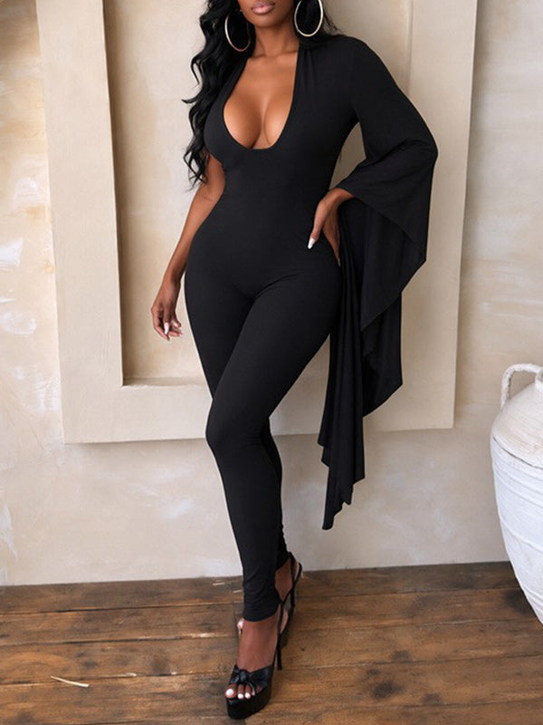 V-Neck One-Shoulder Cape Jumpsuit