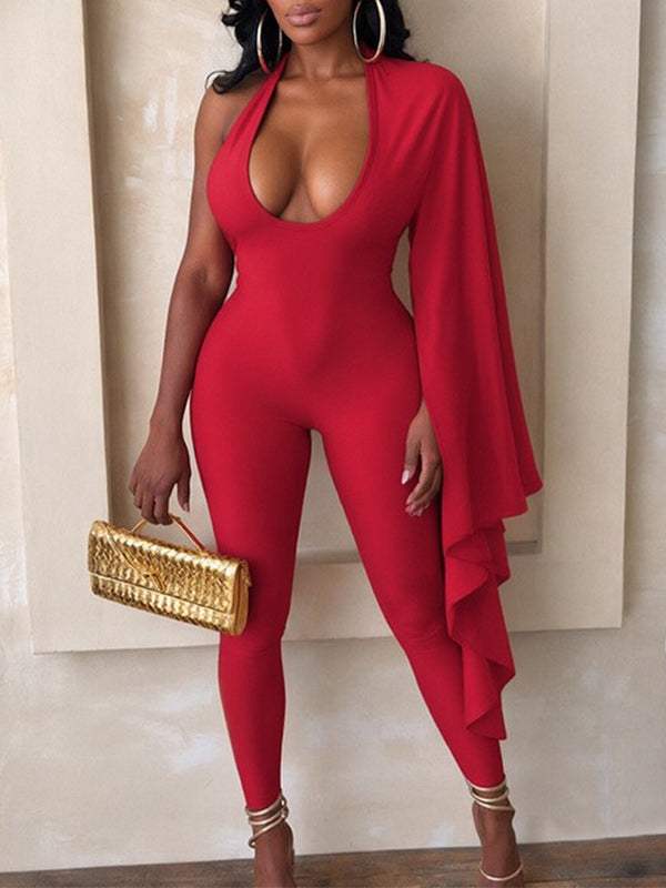 V-Neck One-Shoulder Cape Jumpsuit