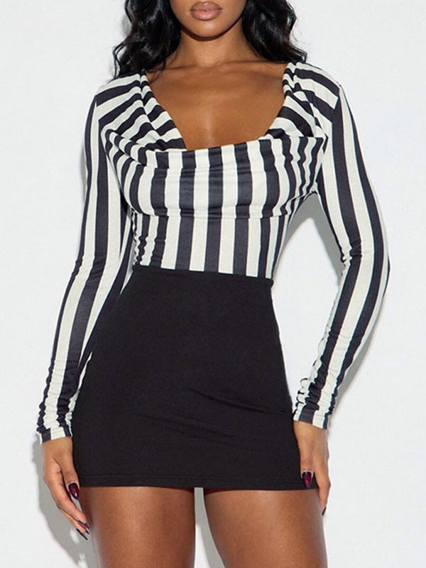 Stripe-Combo Cowl-Neck Dress