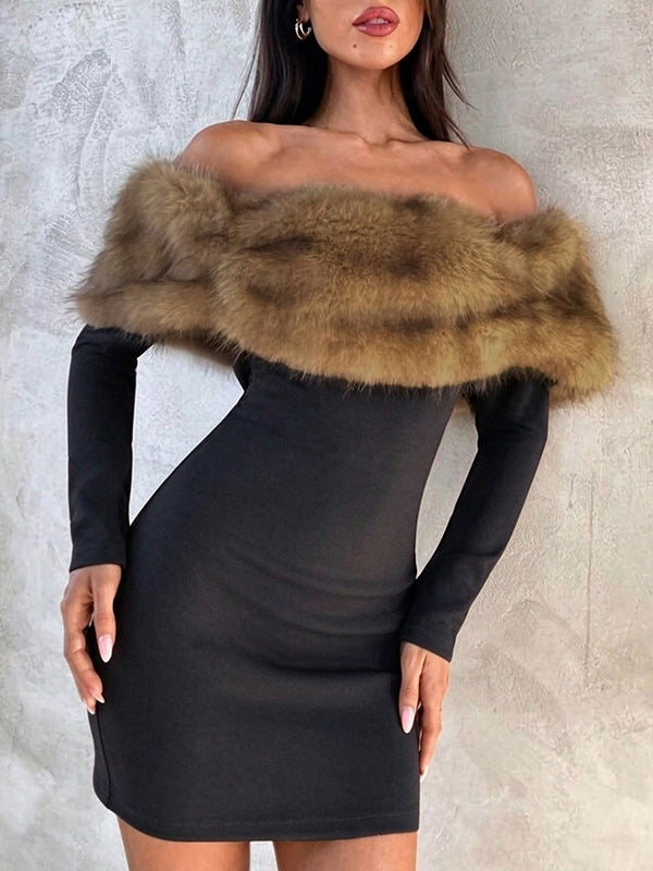 Faux-Fur Combo Off-Shoulder Bodycon Dress
