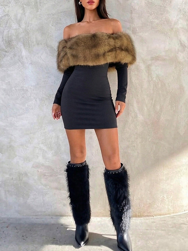 Faux-Fur Combo Off-Shoulder Bodycon Dress