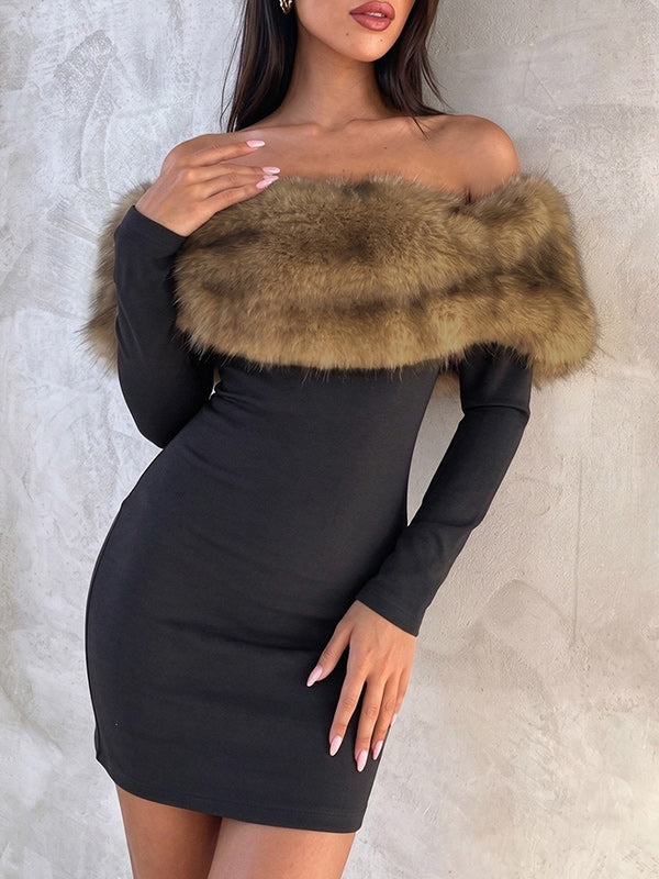 Faux-Fur Combo Off-Shoulder Bodycon Dress
