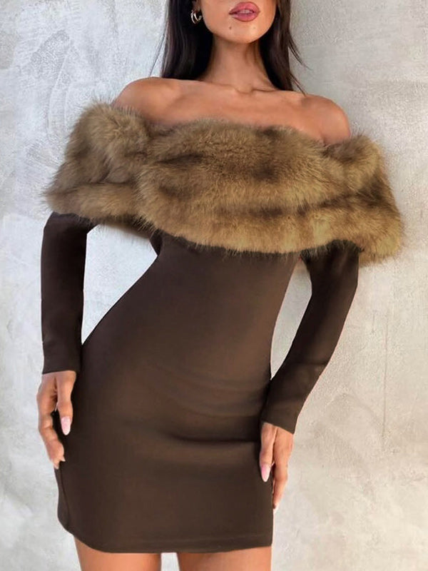 Faux-Fur Combo Off-Shoulder Bodycon Dress