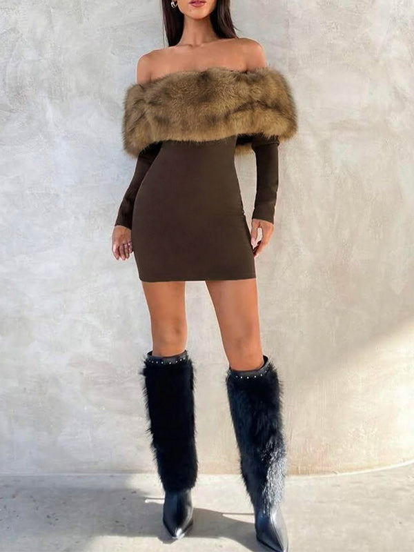 Faux-Fur Combo Off-Shoulder Bodycon Dress
